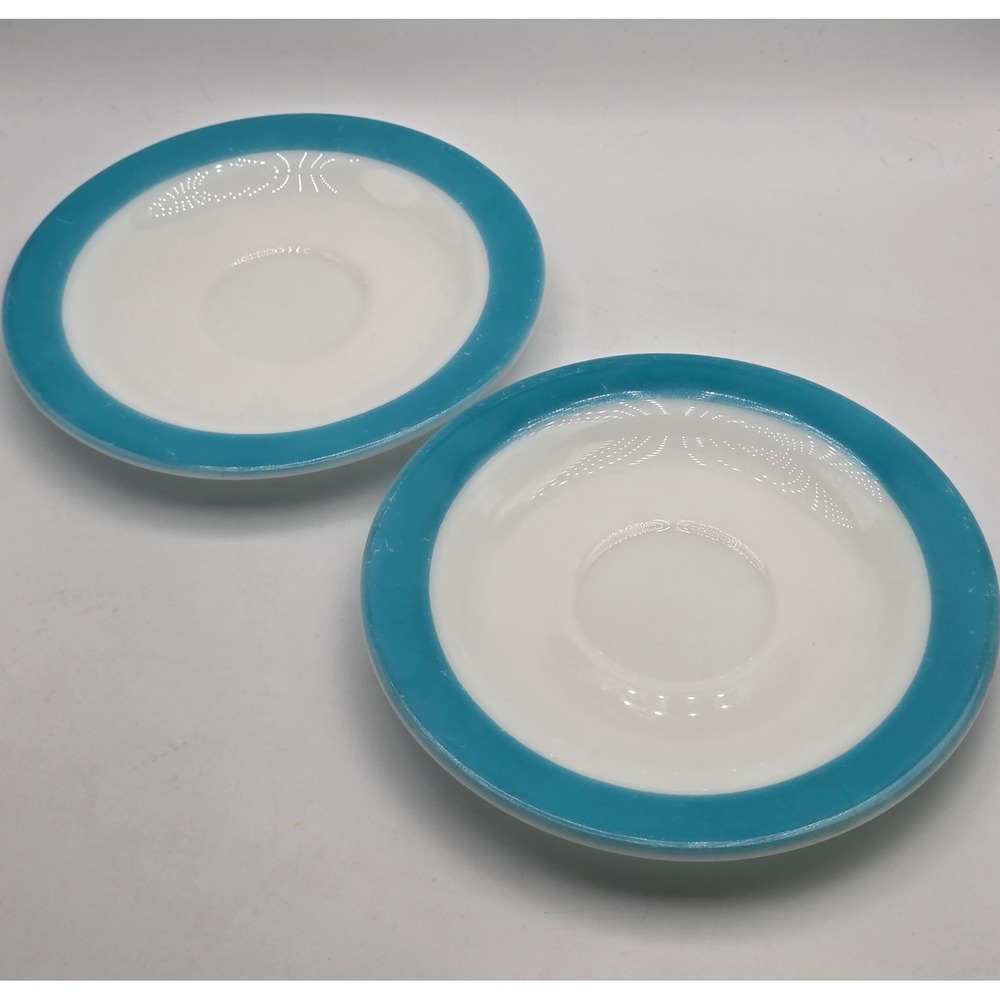 Vintage Pyrex Saucer Plates 6" Teal Turquoise Rimmed Band Milk Glass Set of 2